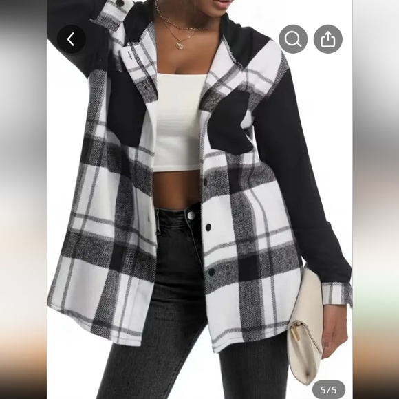 Women's Hooded Flannel Button Up Shirt Blk/White NWOT - Picture 5 of 6
